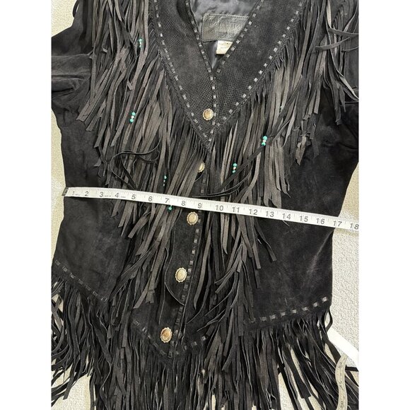 Vintage Womens Genuine Leather Black Fringe Jacket With Turquoise Bead Accents S - Picture 16 of 16